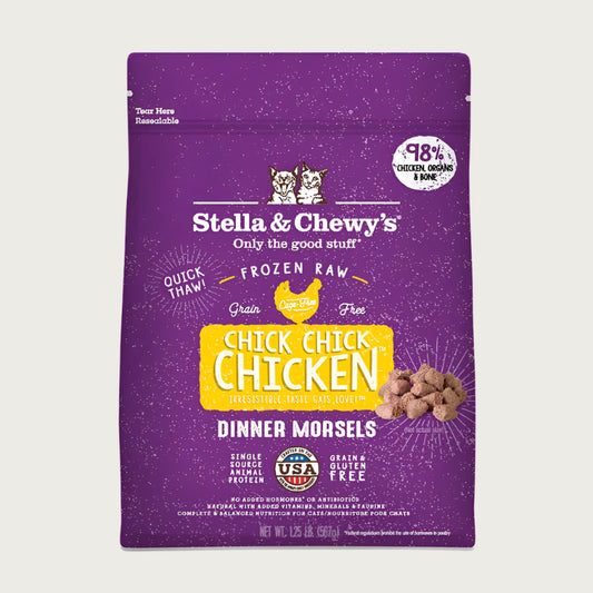 3 lb purple bag of Stella & Chewy's "Only the good stuff" Chick Chick Chicken Dinner Morsels for Cats. Additional text: 98% chicken, organs & bone, frozen raw, grain free, cage free, single source animal protein.
