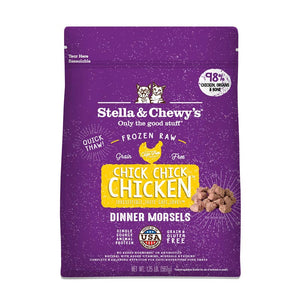 3 lb purple bag of Stella & Chewy's "Only the good stuff" Chick Chick Chicken Dinner Morsels for Cats. Additional text: 98% chicken, organs & bone, frozen raw, grain free, cage free, single source animal protein.