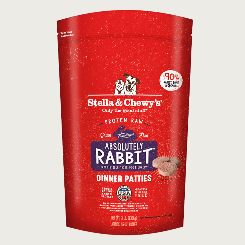 3 lb red bag of Stella & Chewy's "Only the good stuff" Absolutely Rabbit Dinner Patties. Additional text: 90% rabbit, organs & bone, frozen raw, grain free, farm raised, single source animal protein.