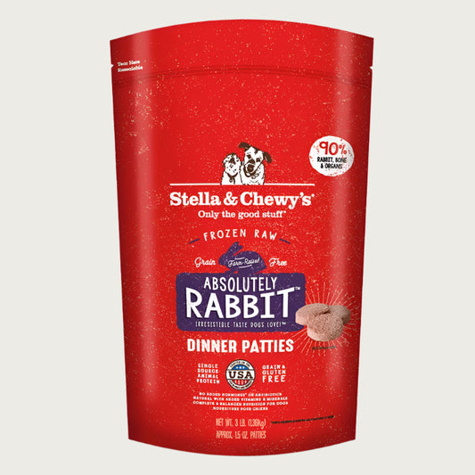 3 lb red bag of Stella & Chewy's "Only the good stuff" Absolutely Rabbit Dinner Patties. Additional text: 90% rabbit, organs & bone, frozen raw, grain free, farm raised, single source animal protein.