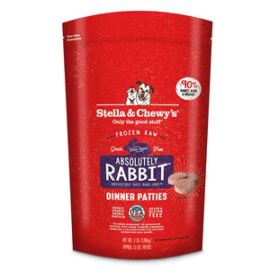 3 lb red bag of Stella & Chewy's "Only the good stuff" Absolutely Rabbit Dinner Patties. Additional text: 90% rabbit, organs & bone, frozen raw, grain free, farm raised, single source animal protein.