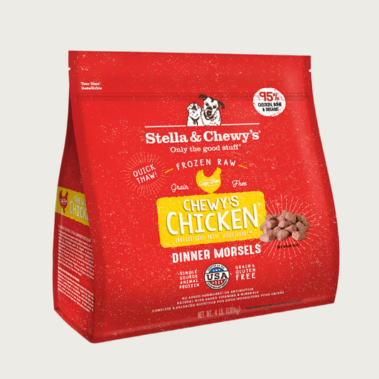 4 lb red bag of Stella & Chewy's "Only the good stuff" Chewy's Chicken Dinner Morsels. Additional text: 95% chicken, organs & bone, frozen raw, grain free, cage free, single source animal protein.