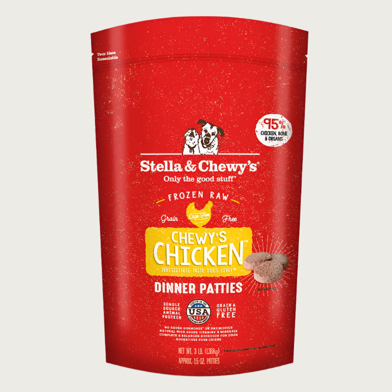 3 lb red bag of Stella & Chewy's "Only the good stuff" Chewy's Chicken Dinner Patties. Additional text: 95% chicken, organs & bone, frozen raw, grain free, cage free, single source animal protein.