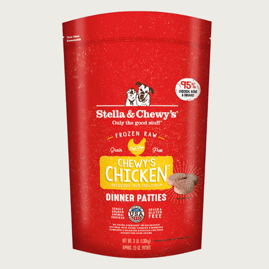 3 lb red bag of Stella & Chewy's "Only the good stuff" Chewy's Chicken Dinner Patties. Additional text: 95% chicken, organs & bone, frozen raw, grain free, cage free, single source animal protein.