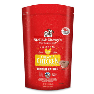 3 lb red bag of Stella & Chewy's "Only the good stuff" Chewy's Chicken Dinner Patties. Additional text: 95% chicken, organs & bone, frozen raw, grain free, cage free, single source animal protein.