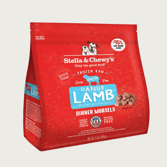 4 lb red bag of Stella & Chewy's "Only the good stuff" Dandy Lamb Dinner Morsels. Additional text: 95% lamb, organs & bone, frozen raw, grain free, grass fed, single source animal protein.