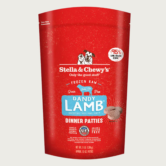 3 lb red bag of Stella & Chewy's "Only the good stuff" Dandy Lamb Dinner Patties. Additional text: 95% lamb, organs & bone, frozen raw, grain free, grass fed, single source animal protein.