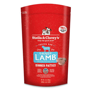3 lb red bag of Stella & Chewy's "Only the good stuff" Dandy Lamb Dinner Patties. Additional text: 95% lamb, organs & bone, frozen raw, grain free, grass fed, single source animal protein.