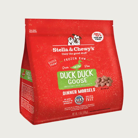 4 lb red bag of Stella & Chewy's "Only the good stuff" Duck Duck Goose Dinner Morsels. Additional text: 95% poultry, organs & bone, frozen raw, grain free, cage free.