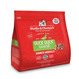 4 lb red bag of Stella & Chewy's "Only the good stuff" Duck Duck Goose Dinner Morsels. Additional text: 95% poultry, organs & bone, frozen raw, grain free, cage free.