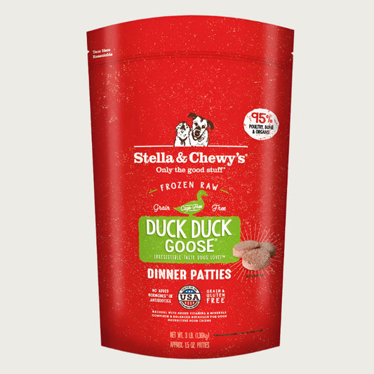 3 lb red bag of Stella & Chewy's "Only the good stuff" Duck Duck Goose Dinner Patties. Additional text: 95% poultry, organs & bone, frozen raw, grain free, cage free.