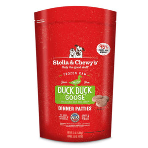 3 lb red bag of Stella & Chewy's "Only the good stuff" Duck Duck Goose Dinner Patties. Additional text: 95% poultry, organs & bone, frozen raw, grain free, cage free.