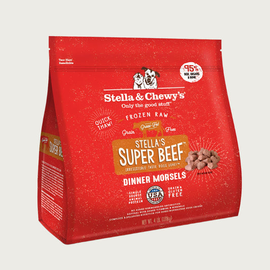 4 lb red bag of Stella & Chewy's "Only the good stuff" Stella's Super Beef Dinner Morsels. Additional text: 95% beef, organs & bone, frozen raw, grain free, grass-fed, single source animal protein.