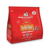 4 lb red bag of Stella & Chewy's "Only the good stuff" Stella's Super Beef Dinner Morsels. Additional text: 95% beef, organs & bone, frozen raw, grain free, grass-fed, single source animal protein.