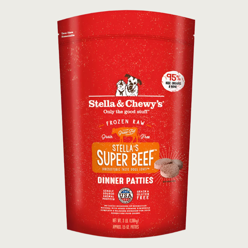 3 lb red bag of Stella & Chewy's "Only the good stuff" Stella's Super Beef Dinner Patties. Additional text: 95% beef, organs & bone, frozen raw, grain free, grass-fed, single source animal protein.