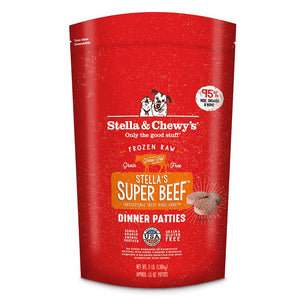 3 lb red bag of Stella & Chewy's "Only the good stuff" Stella's Super Beef Dinner Patties. Additional text: 95% beef, organs & bone, frozen raw, grain free, grass-fed, single source animal protein.