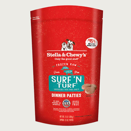 3 lb red bag of Stella & Chewy's "Only the good stuff" Surf 'N Turf Dinner Patties. Additional text: 95% beef & fish, organs & bone, frozen raw, grain free, grass-fed, wild-caught.