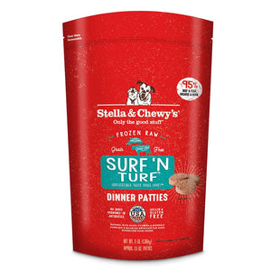 3 lb red bag of Stella & Chewy's "Only the good stuff" Surf 'N Turf Dinner Patties. Additional text: 95% beef & fish, organs & bone, frozen raw, grain free, grass-fed, wild-caught.