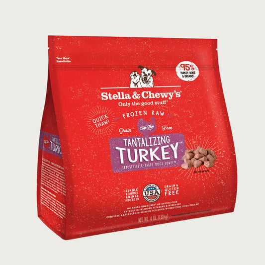 4 lb red bag of Stella & Chewy's "Only the good stuff" Tantalizing Turkey Dinner Morsels. Additional text: 95% turkey, organs & bone, frozen raw, grain free, cage free, single source animal protein.