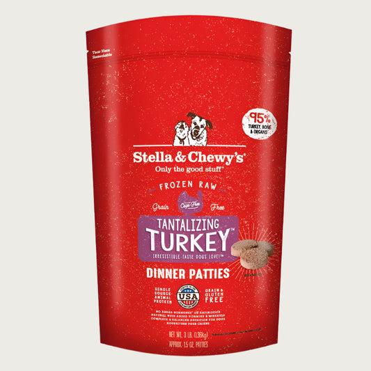 3 lb red bag of Stella & Chewy's "Only the good stuff" Tantalizing Turkey Dinner Patties. Additional text: 95% turkey, organs & bone, frozen raw, grain free, cage free, single source animal protein.