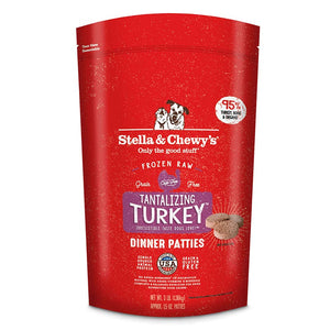 3 lb red bag of Stella & Chewy's "Only the good stuff" Tantalizing Turkey Dinner Patties. Additional text: 95% turkey, organs & bone, frozen raw, grain free, cage free, single source animal protein.