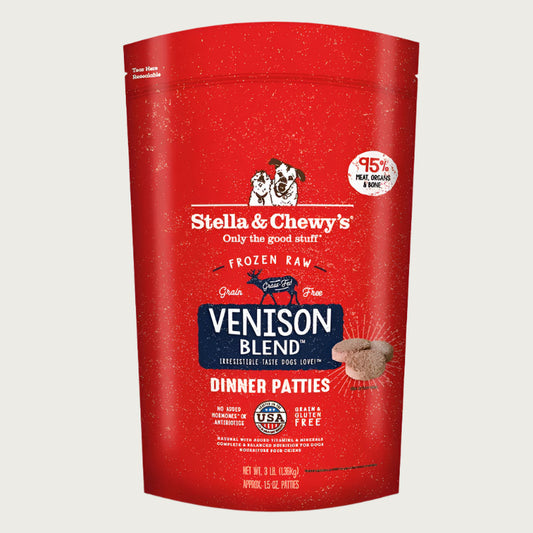 3 lb red bag of Stella & Chewy's "Only the good stuff" Venison Blend Dinner Patties. Additional text: 95% meat, organs & bone, frozen raw, grain free, grass-fed.
