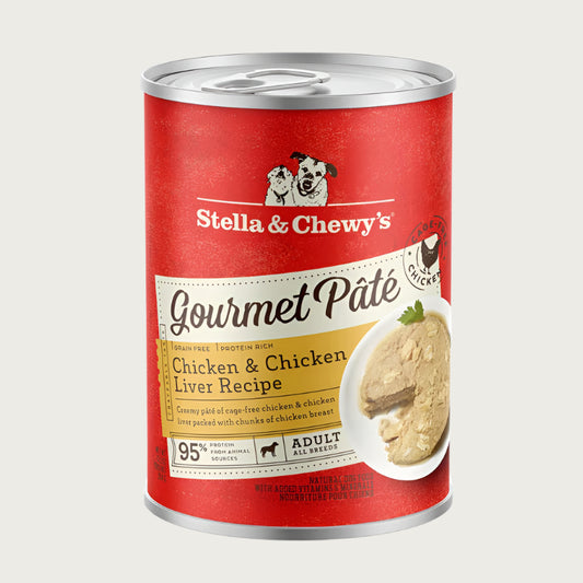 A 12.5 oz can of Stella & Chewy's Gourmet Pate Chicken & Chicken Liver Recipe for adult dogs. Grain free and protein rich, creamy pate of cage-free chicken & chicken liver packed with chunks of chicken breast.