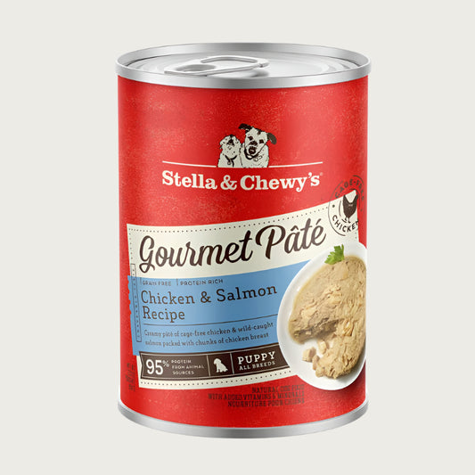 A 12.5 oz can of Stella & Chewy's Gourmet Pate Chicken & Salmon Recipe for puppies. Grain free and protein rich, creamy pate of cage-free chicken & wild-caught salmon packed with chunks of chicken breast.