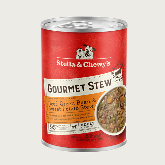 A 12.5 oz can of Stella & Chewy's Gourmet Stew Beef, Green Bean & Sweet Potato Stew for adult dogs. Grain free and protein rich, shreds of grass-fed beef & chunks of beef liver with veggies and herbs in a savory broth.