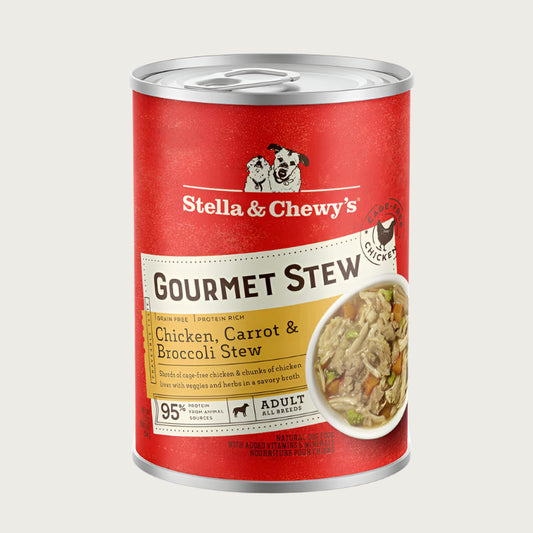 A 12.5 oz can of Stella & Chewy's Gourmet Stew Chicken, Carrot & Broccoli Stew for adult dogs. Grain free and protein rich, shreds of cage-free chicken & chunks of chicken liver with veggies and herbs in a savory broth.