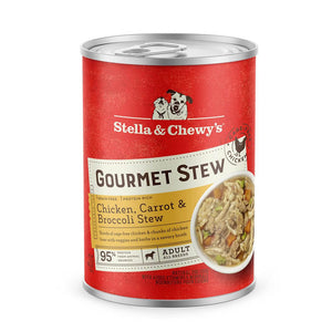 A 12.5 oz can of Stella & Chewy's Gourmet Stew Chicken, Carrot & Broccoli Stew for adult dogs. Grain free and protein rich, shreds of cage-free chicken & chunks of chicken liver with veggies and herbs in a savory broth.