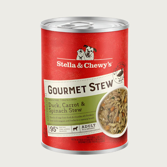 A 12.5 oz can of Stella & Chewy's Gourmet Stew Duck, Carrot & Spinach Stew for adult dogs. Grain free and protein rich, shreds of cage-free duck & chunks of chicken liver with veggies and herbs in a savory broth.
