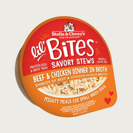 A 2.7 oz cup of Stella & Chewy's Lil' Bites Savory Stews Beef & Chicken Dinner in Broth, Mighty Meals for Small Breed Dogs. Shreds of beef & chicken in rich broth. Packaging is a clear plastic cup with peel off lid. 