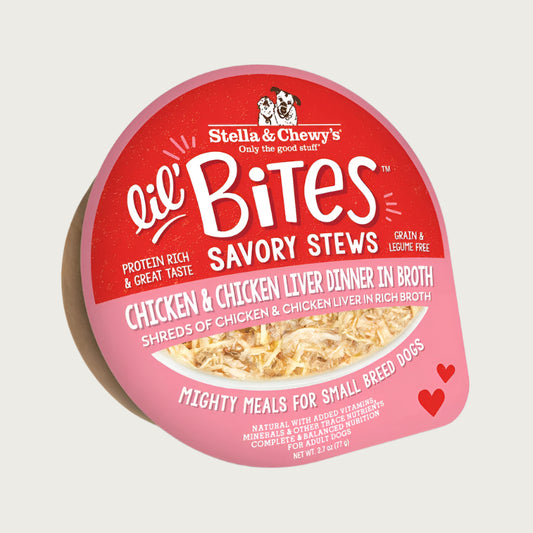 A 2.7 oz cup of Stella & Chewy's Lil' Bites Savory Stews Chicken & Chicken Liver Dinner in Broth, Mighty Meals for Small Breed Dogs. Shreds of chicken & chicken liver in rich broth. Packaging is a clear plastic cup with peel off lid. 