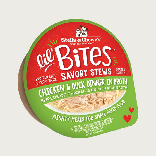 A 2.7 oz cup of Stella & Chewy's Lil' Bites Savory Stews Chicken & Duck Dinner in Broth, Mighty Meals for Small Breed Dogs. Shreds of chicken & duck in rich broth. Packaging is a clear plastic cup with peel off lid. 