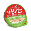 A 2.7 oz cup of Stella & Chewy's Lil' Bites Savory Stews Chicken & Duck Dinner in Broth, Mighty Meals for Small Breed Dogs. Shreds of chicken & duck in rich broth. Packaging is a clear plastic cup with peel off lid. 