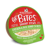 A 2.7 oz cup of Stella & Chewy's Lil' Bites Savory Stews Chicken & Duck Dinner in Broth, Mighty Meals for Small Breed Dogs. Shreds of chicken & duck in rich broth. Packaging is a clear plastic cup with peel off lid. 