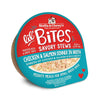 A 2.7 oz cup of Stella & Chewy's Lil' Bites Savory Stews Chicken & Salmon Dinner in Broth, Mighty Meals for Small Breed Dogs. Shreds of chicken & salmon in rich broth. Packaging is a clear plastic cup with peel off lid. 
