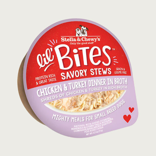 A 2.7 oz cup of Stella & Chewy's Lil' Bites Savory Stews Chicken & Turkey Dinner in Broth, Mighty Meals for Small Breed Dogs. Shreds of chicken & turkey in rich broth. Packaging is a clear plastic cup with peel off lid. 