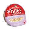 A 2.7 oz cup of Stella & Chewy's Lil' Bites Savory Stews Chicken & Turkey Dinner in Broth, Mighty Meals for Small Breed Dogs. Shreds of chicken & turkey in rich broth. Packaging is a clear plastic cup with peel off lid. 