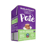 A 5.5 oz purple & green carton of Stella & Chewy's Grain Free Purrfect Pate Cage-Free Chicken Recipe for Cats.  Chicken  pate in chicken bone broth gravy. 100% human grade, single animal protein diet. Corners of box fold up, to open carton from perforated top edge.