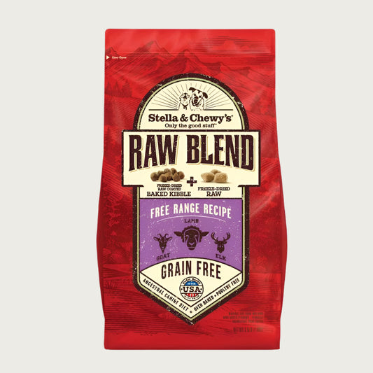 3.5 lb red bag of Stella & Chewy's Raw Blend Grain Free Free Range Recipe for dogs. Freeze-dried raw coated baked kibble plus freeze-dried raw. Lamb, goat and elk are featured, along with small illustrations of those animals' faces. 