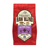 3.5 lb red bag of Stella & Chewy's Raw Blend Grain Free Free Range Recipe for dogs. Freeze-dried raw coated baked kibble plus freeze-dried raw. Lamb, goat and elk are featured, along with small illustrations of those animals' faces. 