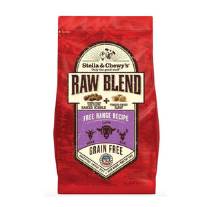 3.5 lb red bag of Stella & Chewy's Raw Blend Grain Free Free Range Recipe for dogs. Freeze-dried raw coated baked kibble plus freeze-dried raw. Lamb, goat and elk are featured, along with small illustrations of those animals' faces. 
