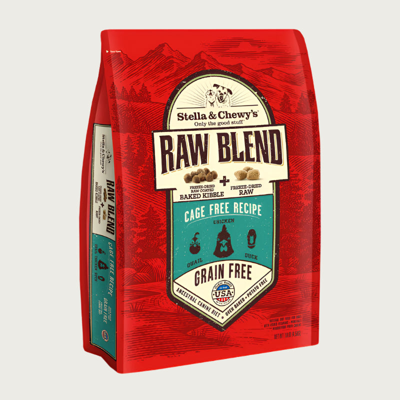 10 lb red bag of Stella & Chewy's Raw Blend Grain Free Cage Free Recipe for dogs. Freeze-dried raw coated baked kibble plus freeze-dried raw. Chicken, duck and quail are featured, along with small illustrations of those animals' faces. 