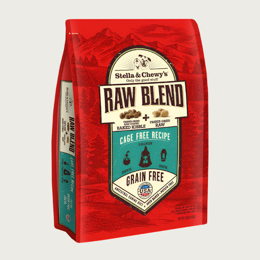 10 lb red bag of Stella & Chewy's Raw Blend Grain Free Cage Free Recipe for dogs. Freeze-dried raw coated baked kibble plus freeze-dried raw. Chicken, duck and quail are featured, along with small illustrations of those animals' faces. 
