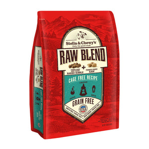 10 lb red bag of Stella & Chewy's Raw Blend Grain Free Cage Free Recipe for dogs. Freeze-dried raw coated baked kibble plus freeze-dried raw. Chicken, duck and quail are featured, along with small illustrations of those animals' faces. 