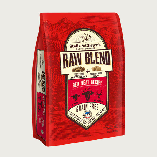 10 lb red bag of Stella & Chewy's Raw Blend Grain Free Red Meat Recipe for dogs. Freeze-dried raw coated baked kibble plus freeze-dried raw. Beef, lamb and venison are featured, along with small illustrations of those animals' faces. 