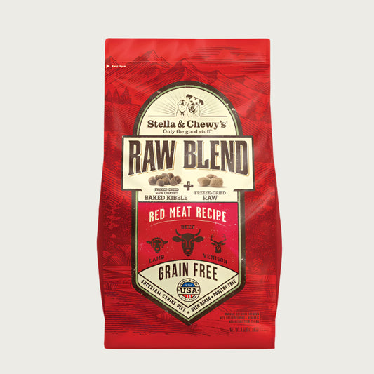 3.5 lb red bag of Stella & Chewy's Raw Blend Grain Free Red Meat Recipe for dogs. Freeze-dried raw coated baked kibble plus freeze-dried raw. Beef, lamb and venison are featured, along with small illustrations of those animals' faces. 