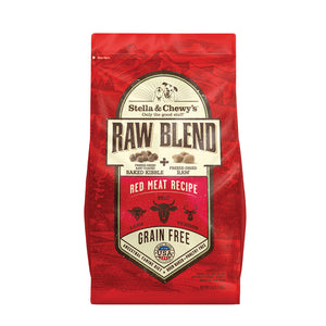 3.5 lb red bag of Stella & Chewy's Raw Blend Grain Free Red Meat Recipe for dogs. Freeze-dried raw coated baked kibble plus freeze-dried raw. Beef, lamb and venison are featured, along with small illustrations of those animals' faces. 